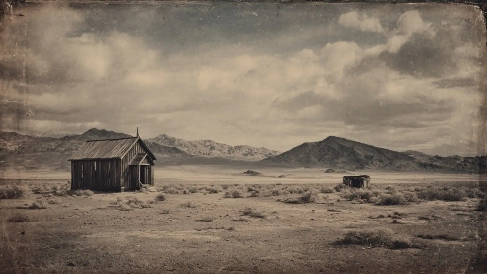 A desolate, windswept desert landscape at dusk with rolling sand dunes, sparse scrub brush, and a dramatic, cloudy sky in monochrome.